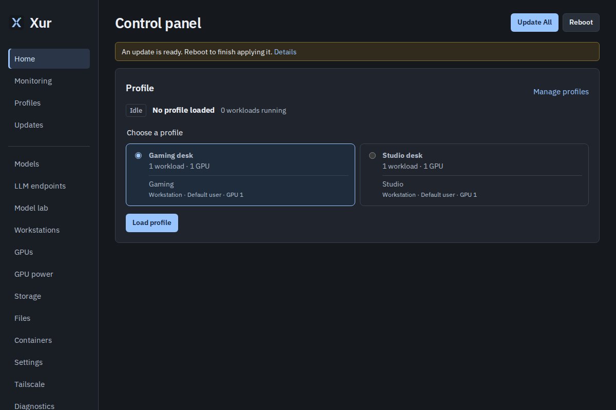 Control panel with update and reboot actions and a saved-profile picker.