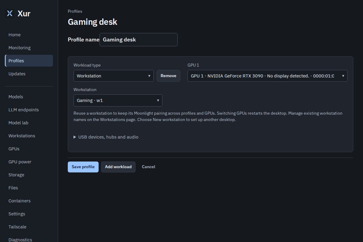 Profile editor with a named profile, workstation choice and GPU assignment controls.